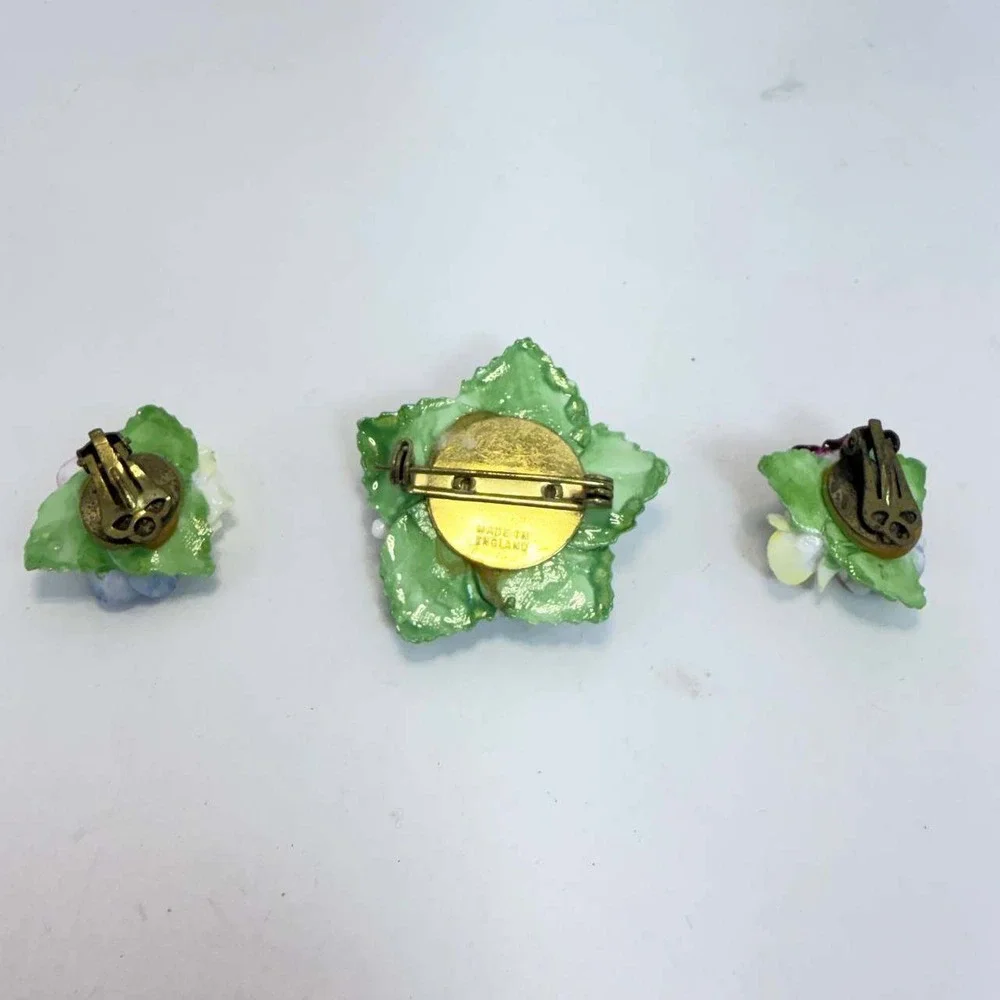 Vintage Made in England Bone China Floral Brooch and Clip On Earrings Set